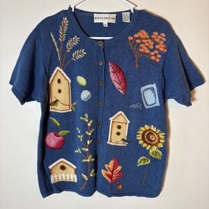Vintage‎ Marisa Christina Birdhouse Sunflower Cardigan Blue Knit Size Small